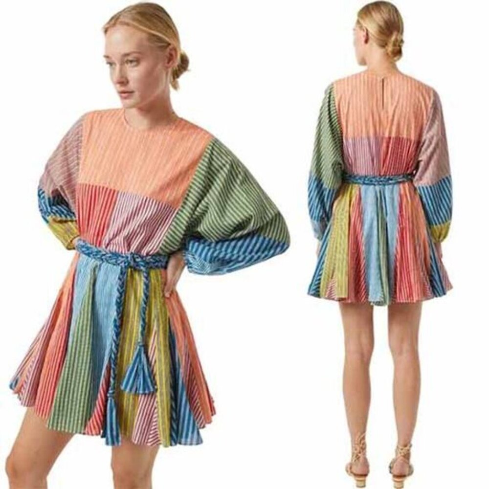 NWT Rhode Ella Long Dolman Sleeve Stripe Patchwork Mini Dress Multi Color Sz: XS - Picture 2 of 9